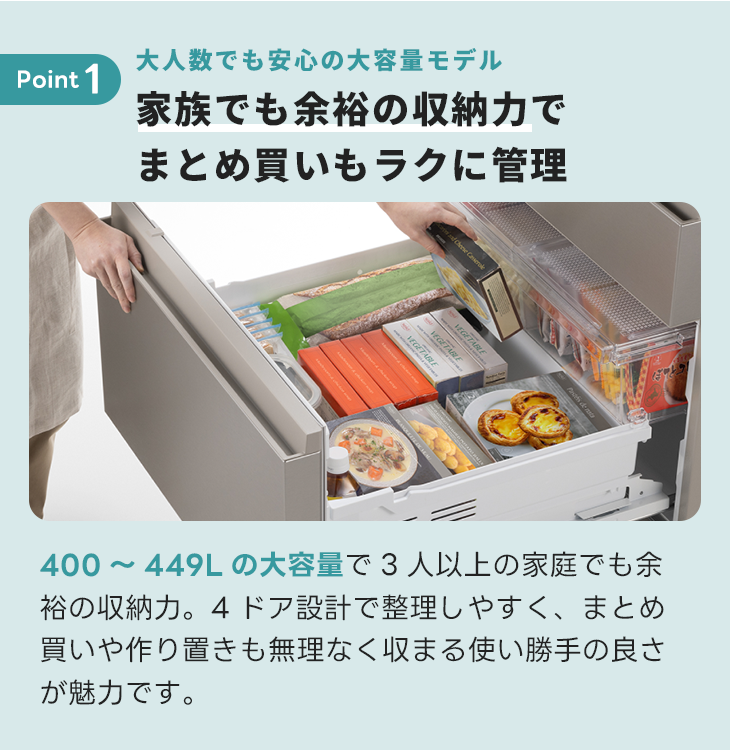 冷蔵庫 3人～向け大【400～449L】4ドア 自動製氷機能あり｜家具家電の