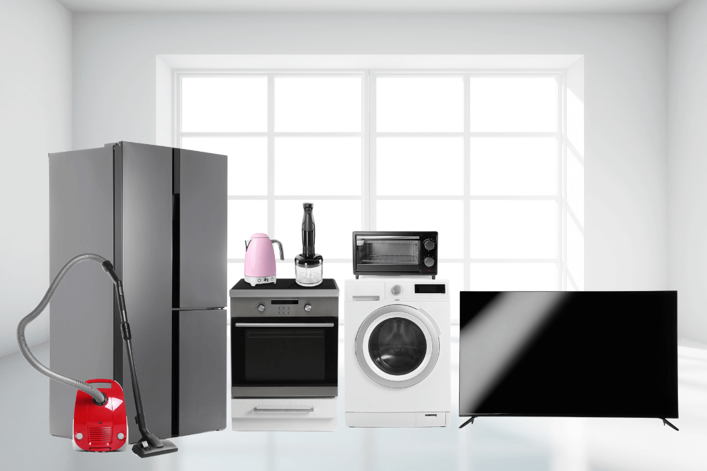 家電セット(冷蔵庫・洗濯機・電子レンジ・テレビなど)を並べたイメージ