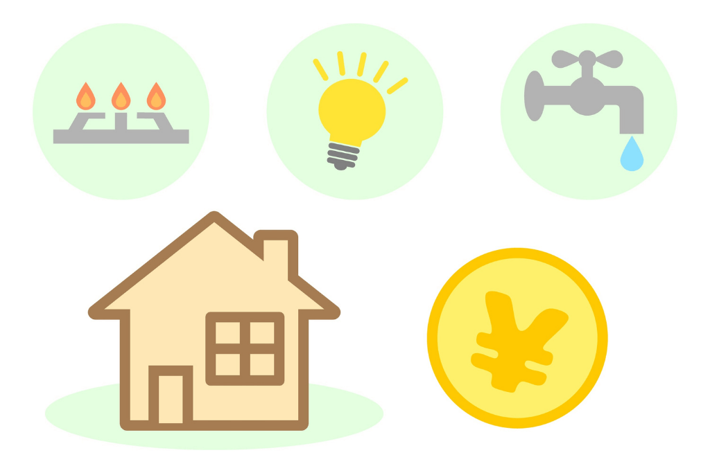 家と光熱費（電気・ガス・水道・お金）のイラストアイコン