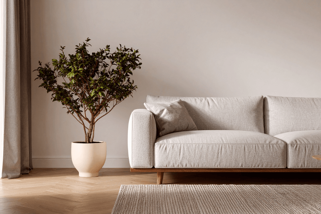 観葉植物とナチュラルカラーのソファが並ぶミニマルな部屋