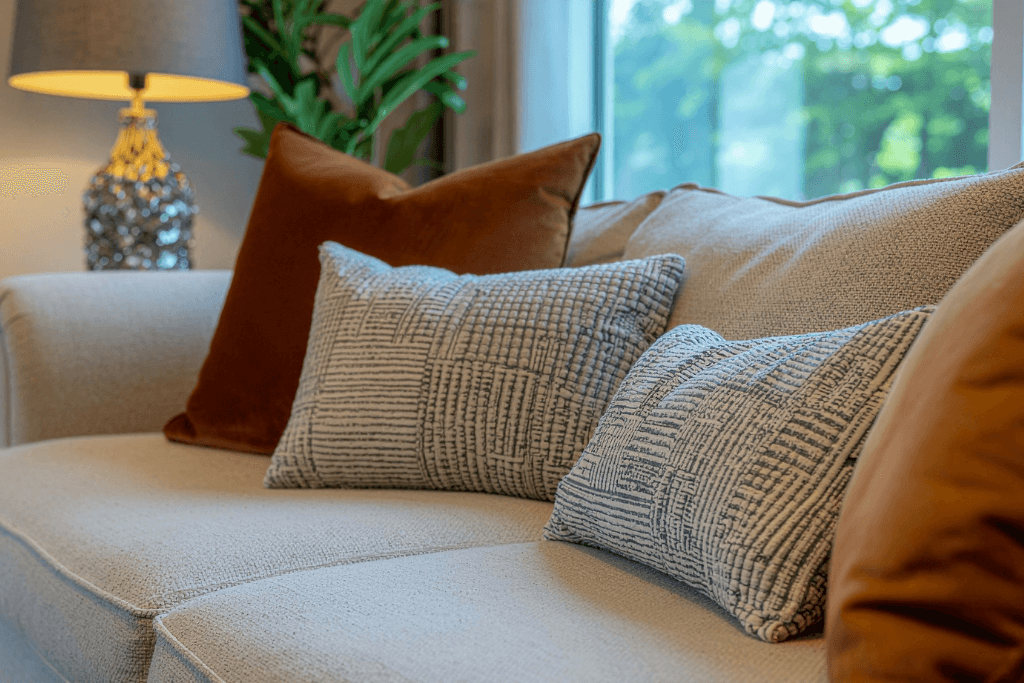 落ち着いた色合いのクッションが並ぶソファ