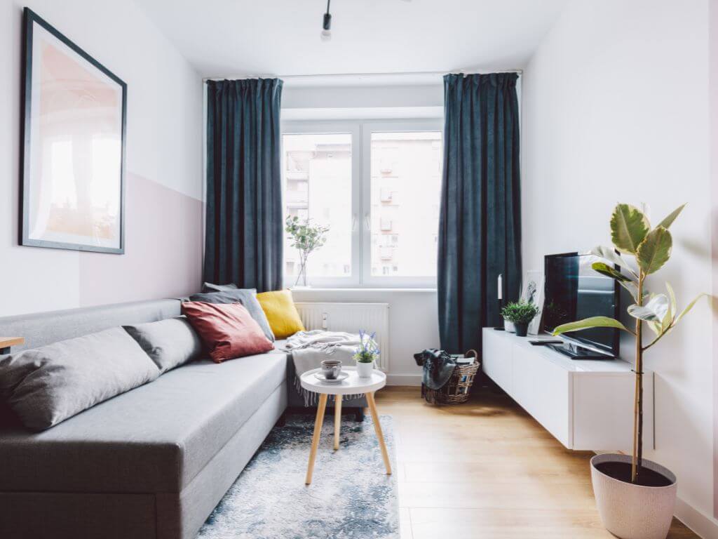 テレビやソファが揃ったワンルーム