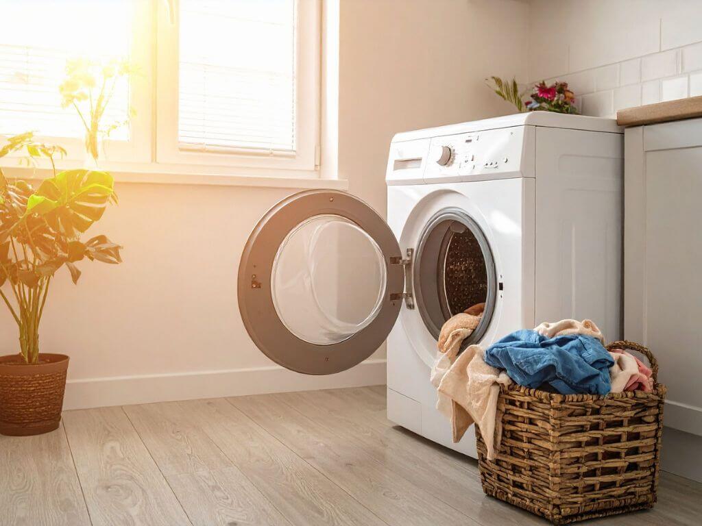 洗濯かごと洗濯機が並ぶ明るい室内