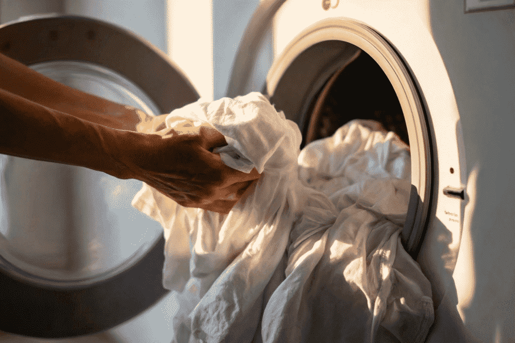 洗濯機から洗い終わった洗濯物を取り出す様子