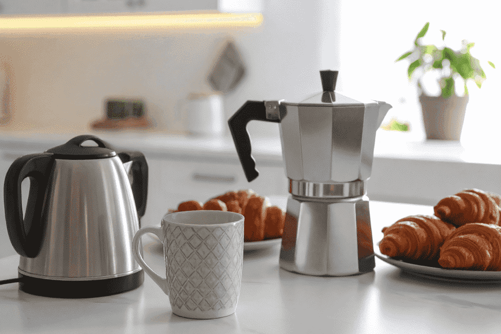 電気ケトルとコーヒー器具、朝食