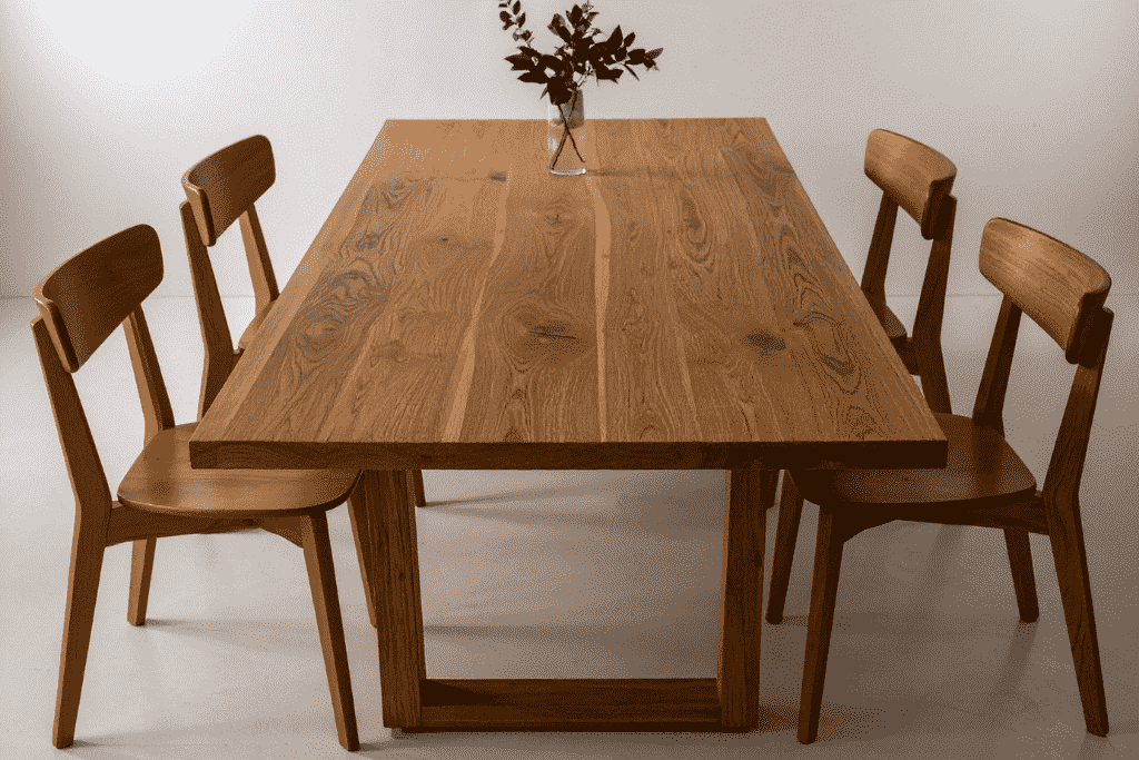 木製ダイニングテーブルとチェア4脚が並ぶ室内