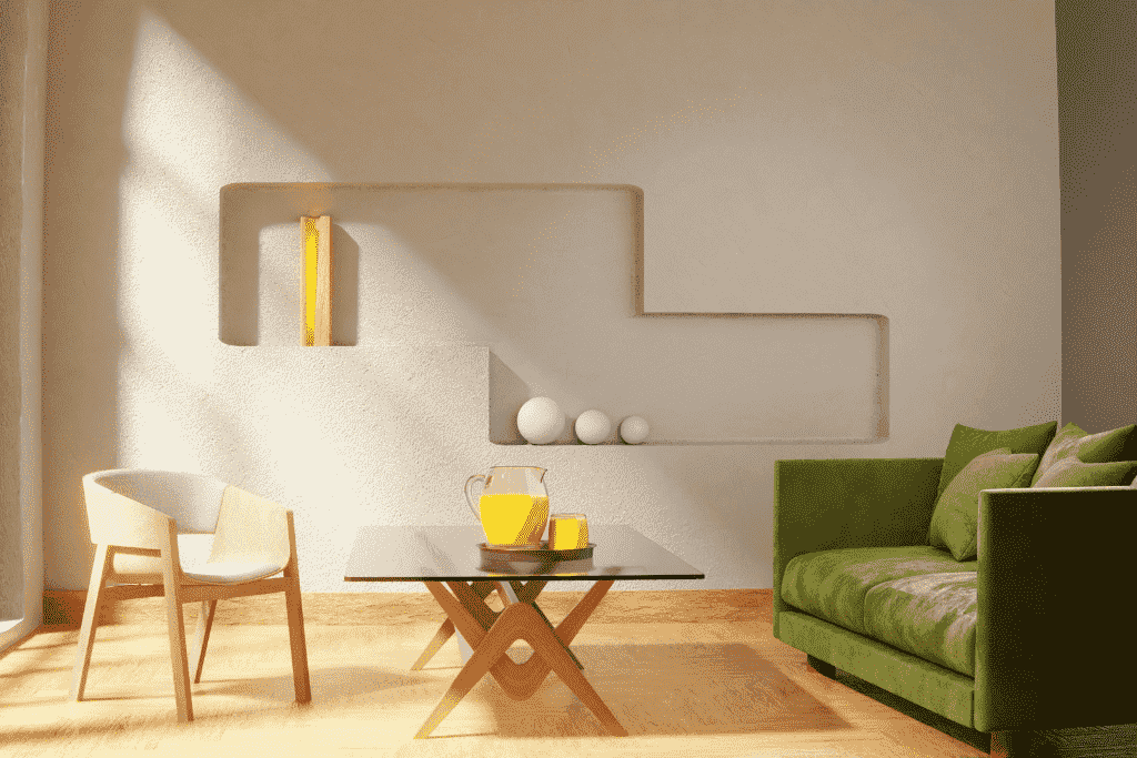 コーヒーテーブルとグリーンソファがある明るいリビング