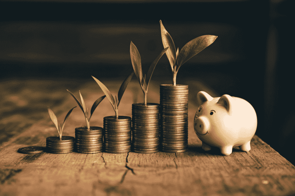 貯金と資産形成を表す成長するコインと貯金箱